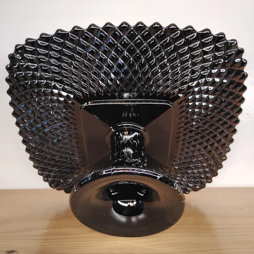 Vintage L E Smith Black Amethyst Glass Square Cake Stand Pedestal‎ White Drizzle
